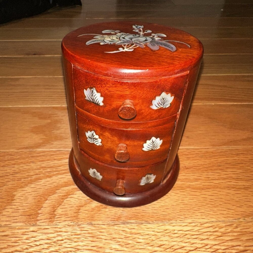Vintage Chinese Wooden Mother Of Pearl Inlay Drawer Jewelry Chest